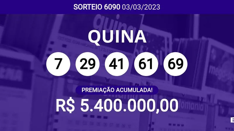 Sorteio da Quina 6090 acumula e pode pagar R$ 5,4 milhões; veja dezenas