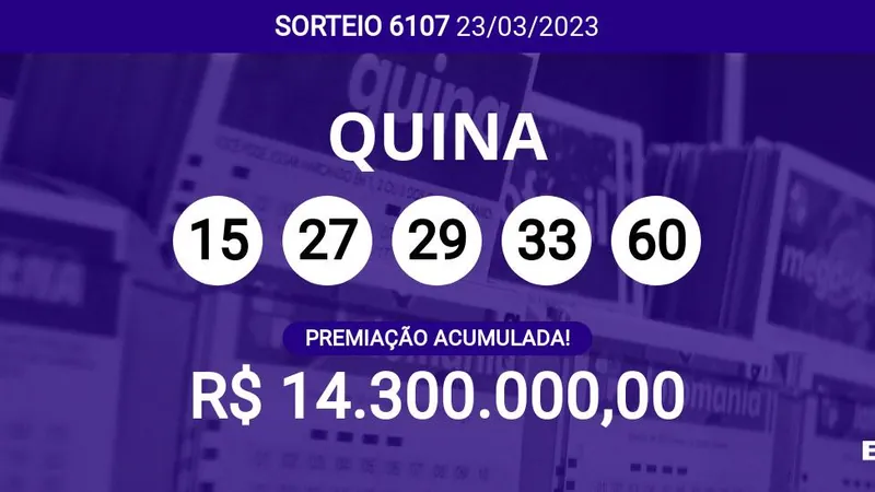 Sorteio da Quina 6107 acumula e pode pagar R$ 14,3 milhões; veja dezenas