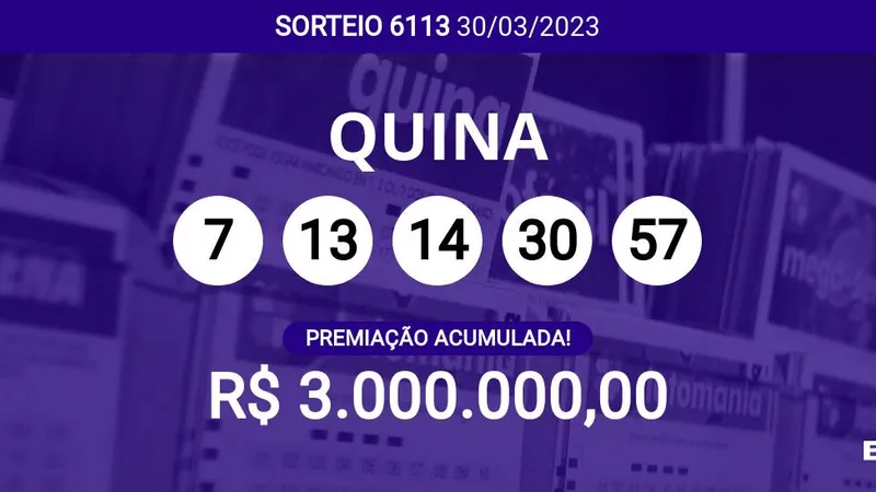 Sorteio da Quina 6113 acumula e pode pagar R$ 3 milhões; veja dezenas