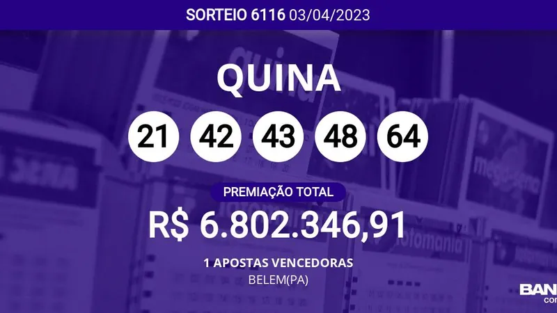 Aposta única de BELEM(PA) acerta a Quina 6116; veja as dezenas