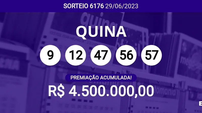 Sorteio da Quina 6176 acumula e pode pagar R$ 4,5 milhões; veja dezenas