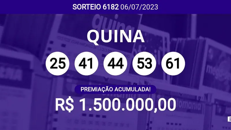 Sorteio da Quina 6182 acumula e pode pagar R$ 1,5 milhões; veja dezenas