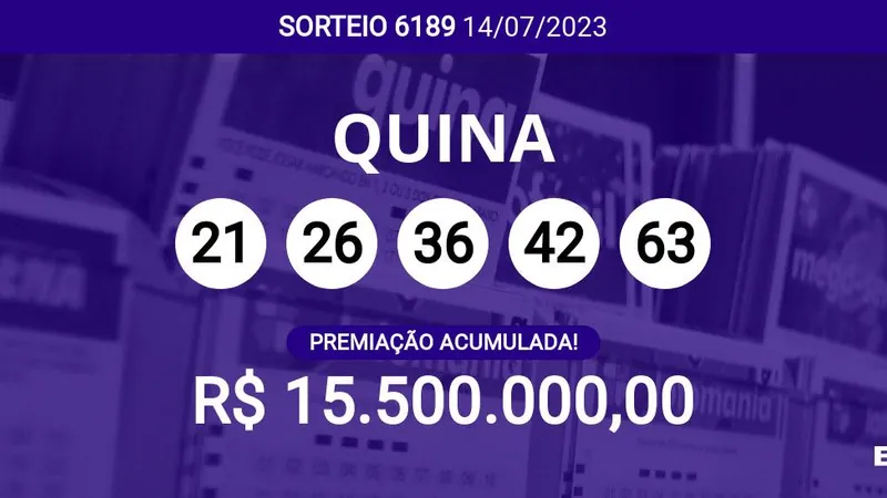 Quina 6189 acumula e prêmio pode chegar a R$ 15,5 milhões; veja dezenas