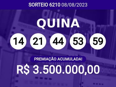 Resultado QUINA de HOJE – Concurso 6210: prêmio de R$ 2.6 milhões