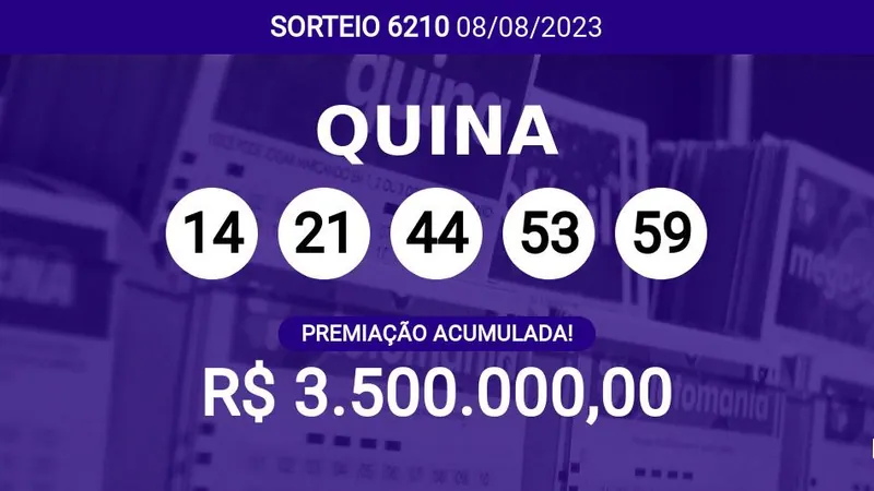 Quina 6210 acumula e prêmio pode chegar a R$ 3,5 milhões; veja dezenas