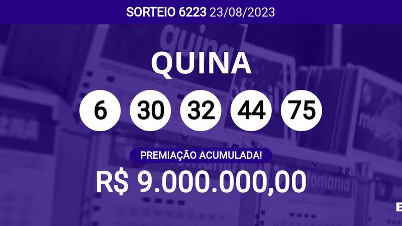 Acumulou! Confira as dezenas sorteadas na Quina 6223; prêmio pode chegar a R$ 9 milhões