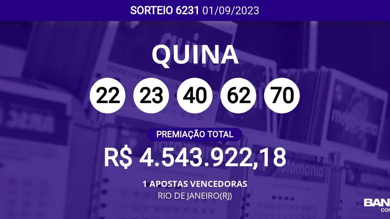 Aposta única de RIO DE JANEIRO(RJ) acerta a Quina 6231; veja as dezenas