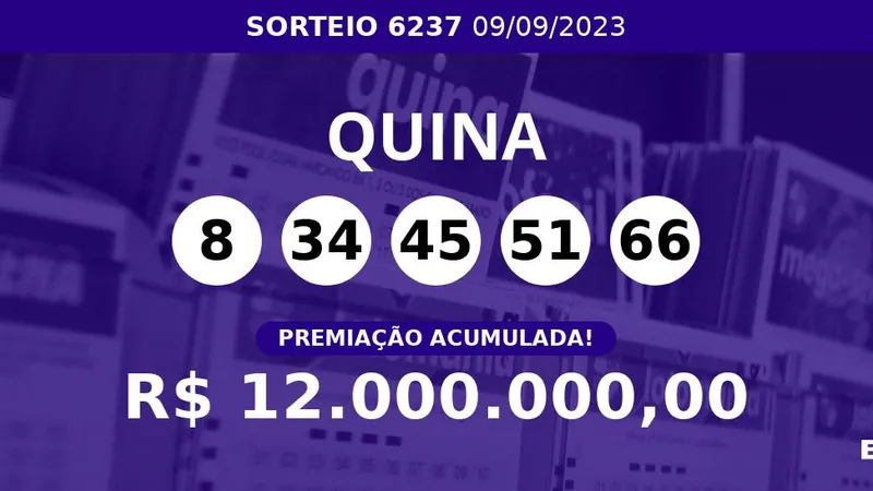 Sorteio da Quina 6237 acumula e pode pagar R$ 12 milhões; veja dezenas