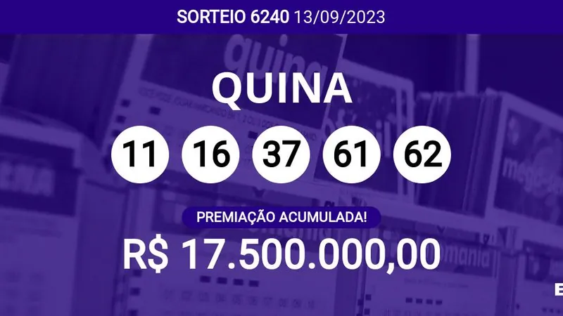 Quina 6240 acumula e prêmio pode chegar a R$ 17,5 milhões; veja dezenas