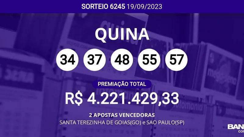 2 ganhadores dividem prêmio de R$ 4,2 milhões da Quina 6245; veja dezenas