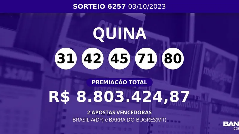 2 apostas levam a Quina 6257 e dividirão R$ 8,8 milhões; veja as dezenas