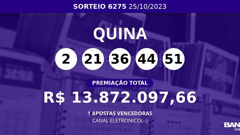 Apostador de CANAL ELETRONICO(--) acerta sozinho a Quina 6275; veja dezenas