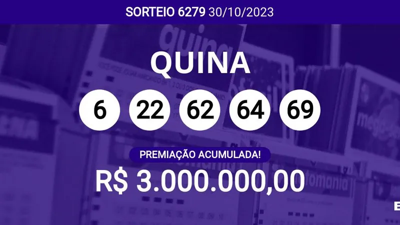 Sorteio da Quina 6279 acumula e pode pagar R$ 3 milhões; veja dezenas