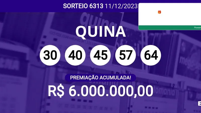 Sorteio da Quina 6313 acumula e pode pagar R$ 6 milhões; veja dezenas