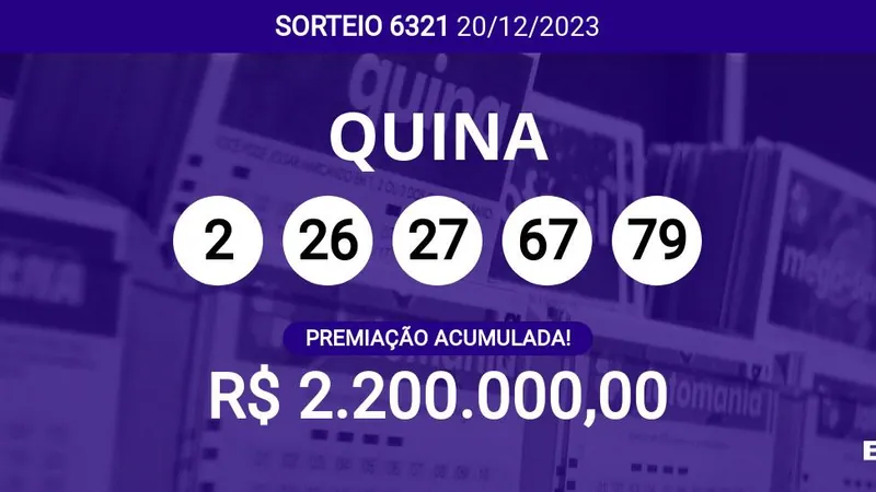 Acumulou! Confira as dezenas sorteadas na Quina 6321; prêmio pode chegar a R$ 2,2 milhões