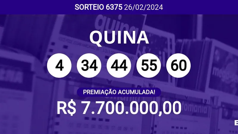 Acumulou! Confira as dezenas sorteadas na Quina 6375; prêmio pode chegar a R$ 7,7 milhões