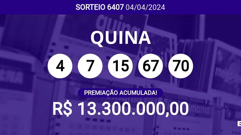 Sorteio da Quina 6407 acumula e pode pagar R$ 13,3 milhões; veja dezenas