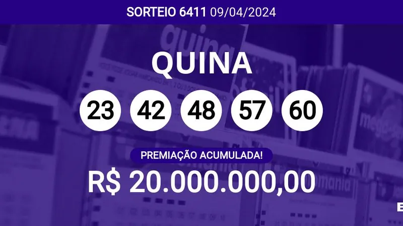 Quina 6411 acumula e prêmio pode chegar a R$ 20 milhões; veja dezenas