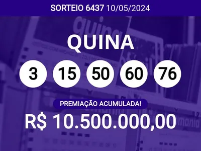 Acumulou! Confira as dezenas sorteadas na Quina 6437; prêmio pode chegar a R$ 10,5 milhões