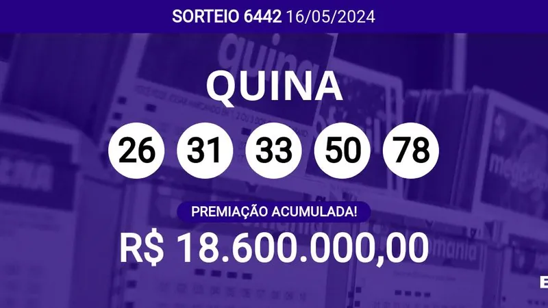 Sorteio da Quina 6442 acumula e pode pagar R$ 18,6 milhões; veja dezenas