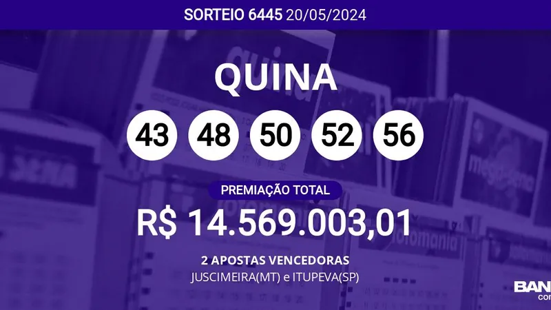 2 apostas levam a Quina 6445 e dividirão R$ 14,6 milhões; veja as dezenas