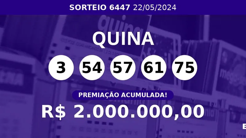 Acumulou! Confira as dezenas sorteadas na Quina 6447; prêmio pode chegar a R$ 2 milhões