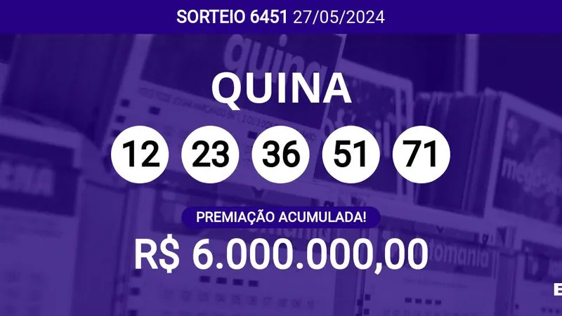 Sorteio da Quina 6451 acumula e pode pagar R$ 6 milhões; veja dezenas