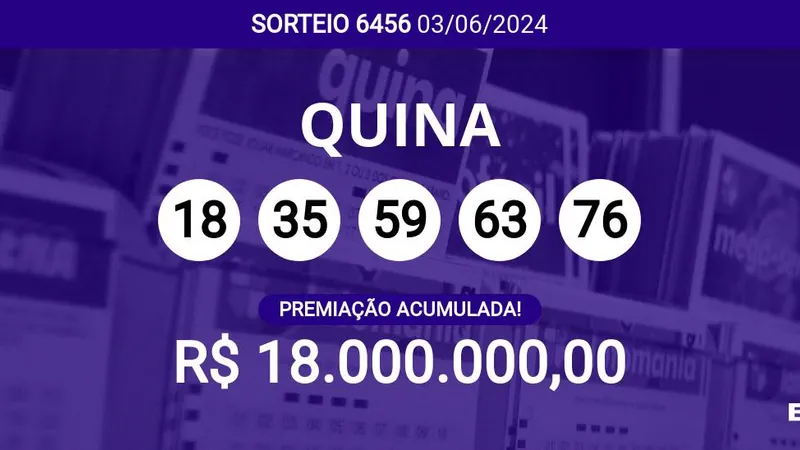 Acumulou! Confira as dezenas sorteadas na Quina 6456; prêmio pode chegar a R$ 18 milhões