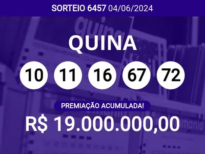 Ninguém ganhou! Quina 6457 acumula e pode pagar R$ 19 milhões; veja dezenas