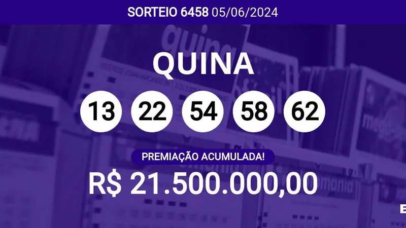 Quina 6458 acumula e prêmio pode chegar a R$ 21,5 milhões; veja dezenas