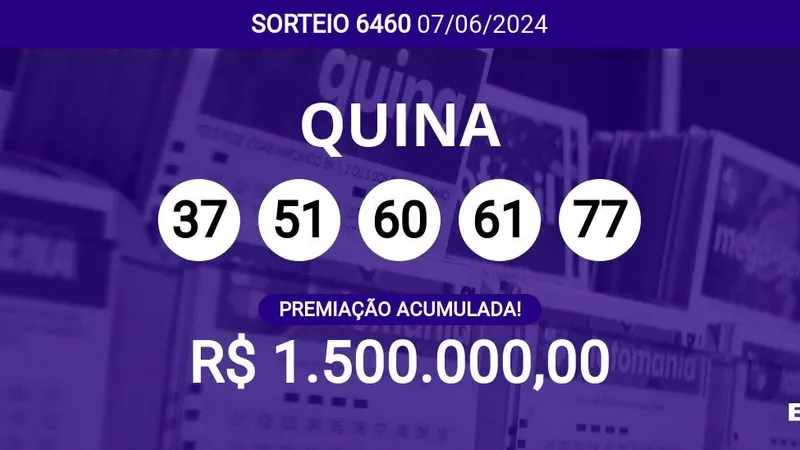 Sorteio da Quina 6460 acumula e pode pagar R$ 1,5 milhões; veja dezenas