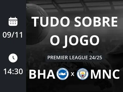 Brighton & Hove Albion x Manchester City: placar ao vivo, escalações, lances, gols e mais